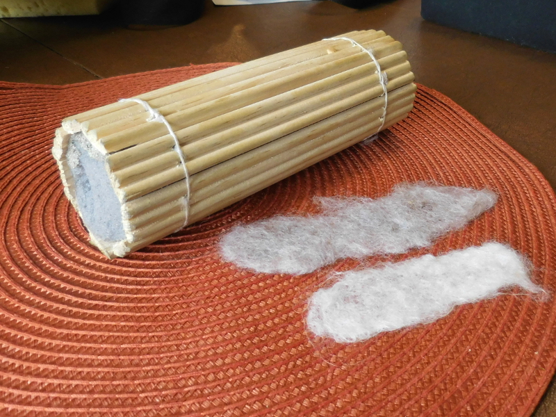 And again, on the wet-felting mat, after being soaked and soaped and rolled nearly as flat as possible. (They’ll have been ironed before their next appearance.) Pic #18